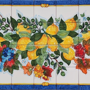 Tile Murals - Basket of Lemons Grapes and Olives - Fall Fruits - Amalfi Tiles - Baroque Frame - Hand Painted Tiles- Artistic Tile Art