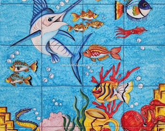 Hand-Painted Coral Reef Tile Mural – Italian Art, Tropical Fish