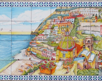 Hand-Painted Tile Mural – Positano Coast Italian Landscape, 40-Tile Panel