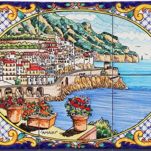 Sea and Mountain of Amalfi coast - Decorative Ceramic Tile - Lemon and Flowers Decoration - Baroque style contour - Hand Painted Tiles