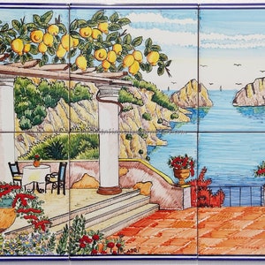 Mural of tiles - View of Capri from an Elegant Italian Terrace  Landscape Tile Mural - Hand Painted - Decorative Tiles - Italian art
