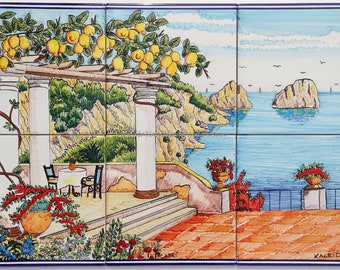 Hand-Painted Capri Tile Mural – Italian Terrace View, Decorative Art