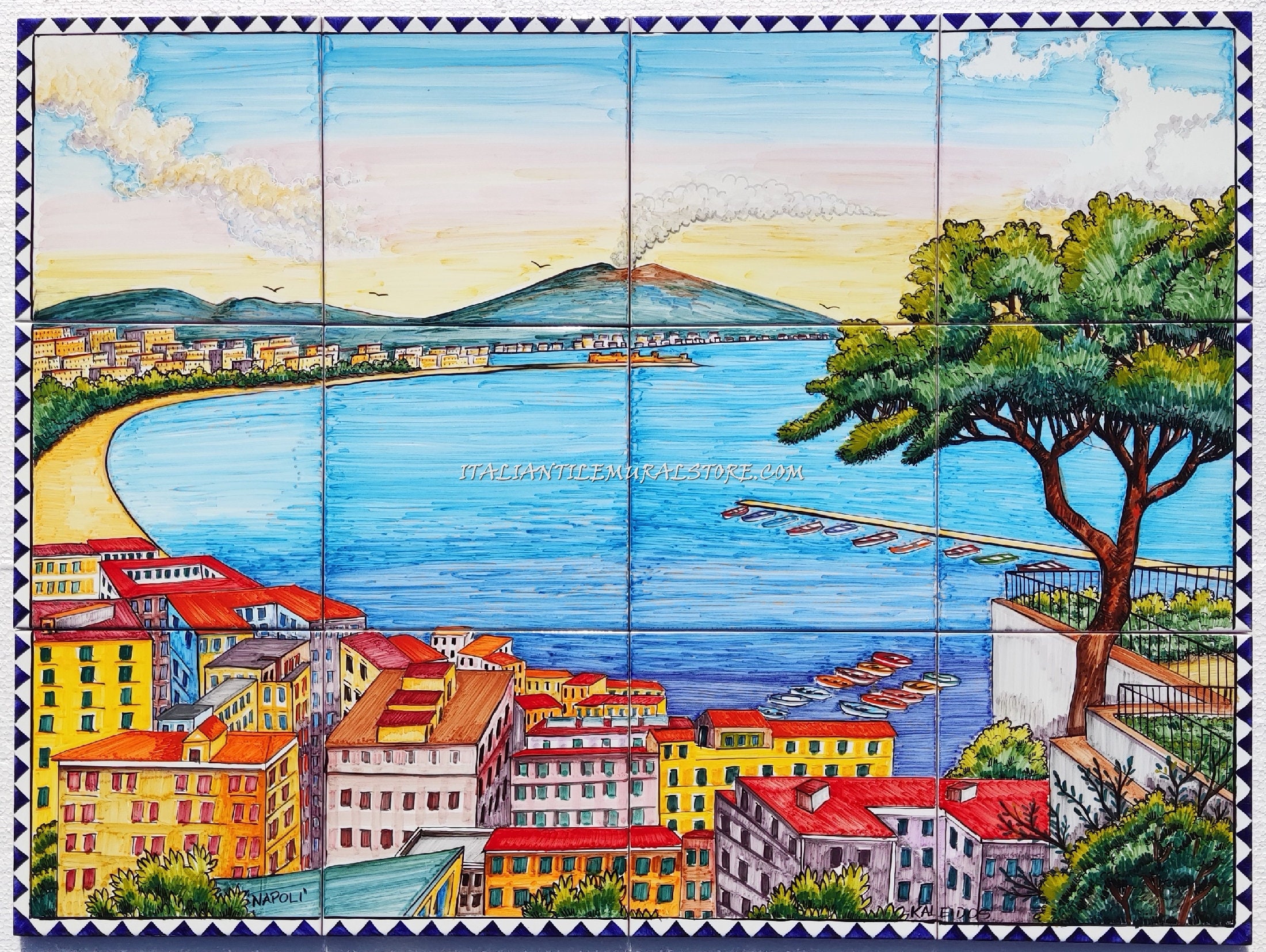 手描きのナポリ湾モザイクタイル - カラフルなイタリアのバック