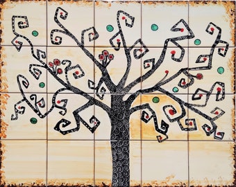 Handpainted Italian Ceramic Tile Mural – Tree of Life Geometric Decor