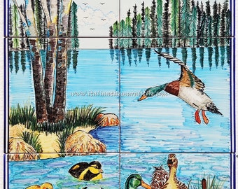 Hand-Painted Ceramic Tile Mural – Family of Ducks in Lake