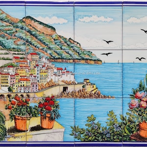 Ceramic Wall Tiles - View of the Sea and the Mountains of the Amalfi coast - Lemon decoration - Decorative Tiles - Hand Painted Tiles