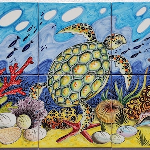 Tile mural - Cheerful Turtle Swimming in the Sea Current - Hand Painted Tiles - Kitchen Splashback - Italian Backsplash - Custom Tile Mural