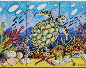 Tile mural - Cheerful Turtle Swimming in the Sea Current - Hand Painted Tiles - Kitchen Splashback - Italian Backsplash - Custom Tile Mural