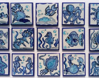 Set of assorted tiles with fish decoration  hand painted. Decorative tile for garden. Handmade Assorted Designs Italy Ceramic 6x6 inch
