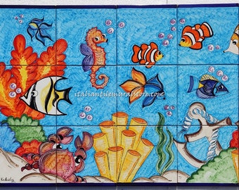 Sea Life Ceramic Tile Panel – Hand-Painted Tropical Fish Mosaic Art