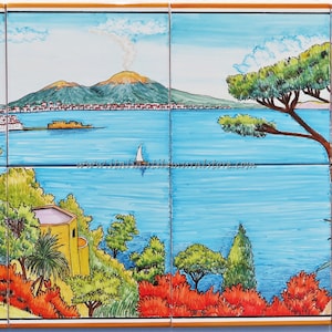 Outdoor Wall Art - Vesuvius on the Gulf of Naples - Beautiful Landscape - Hand Painted Tiles - Decorative Tiles - Made in Italy