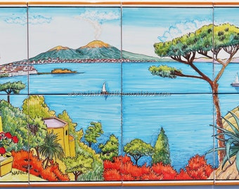 Outdoor Wall Art - Vesuvius on the Gulf of Naples - Beautiful Landscape - Hand Painted Tiles - Decorative Tiles - Made in Italy