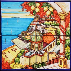 Unique Piece of Decorative Ceramic Little art - Landscape of the Luxury and Colorful Positano City and Sea - Handpainted Lemon Decoration