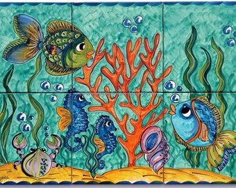 Tile Mural Handmade and hand painted aquarium tile   . Sea Life tile Custom for You!! Tile with fish