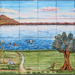 Tile art - Decorative Painted Tiles - Landscape of a Lake among the Fields - Tuscany Landscape - Handmade Tiles - Italian art