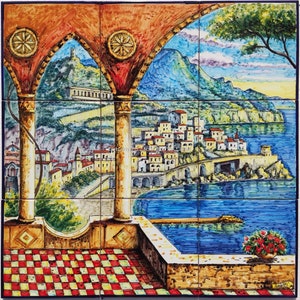 Ceramic Wall Panel -  Wonderful Design of the Amalfi Coast -  Hand Painted Tile - Amalfi Cost Tile Wall Art - Outdoor Wall Tiles