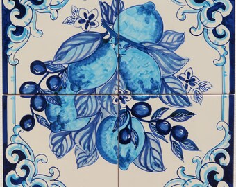 Tile Murals - Monochromatic Ceramic Panel - Hand Painted Tiles - Made in Italy