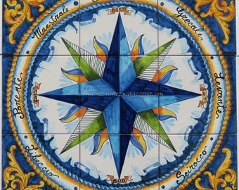 Hand-Painted Compass Rose Tile Mural - Nautical Wall Art, Turquoise