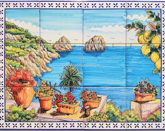 Hand Painted Capri Island Tile Mural – Italian Lemon Decor, 4-Tile Panel