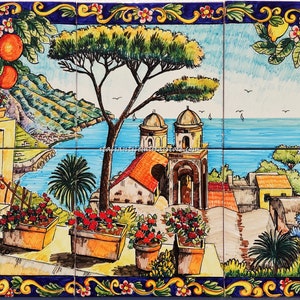 Amalfi coast - Landscape of Ravello -  Decorative Ceramic Tile - Lemon and Flowers Decoration - Baroque style Contour - Hand Painted Tiles