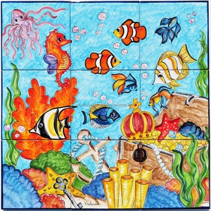Tiles Mural Backsplashes - Treasure in the Depths surrounded by Tropical Fish - Hand Painted Tiles - Wall Decor - Made in Italy