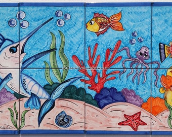 Hand Painted Ceramic Tile Mosaic – Swordfish Coral Reef Panel