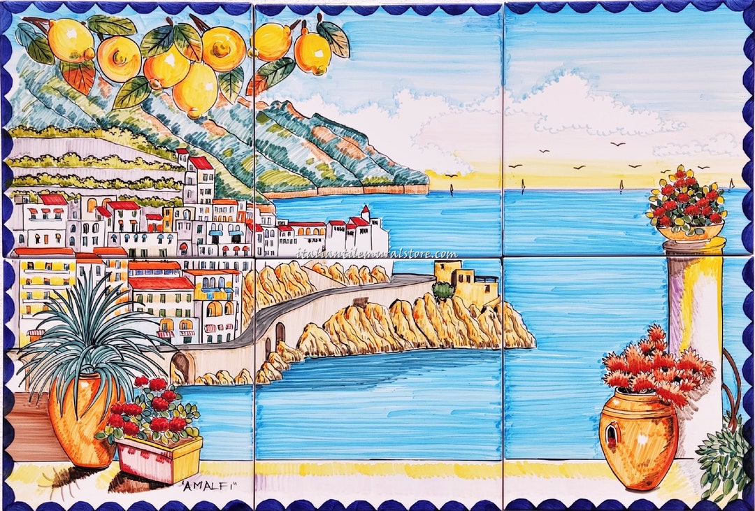 Hand-painted Amalfi Coast Tile Mural – Italian Landscape, Lemon Decor ...