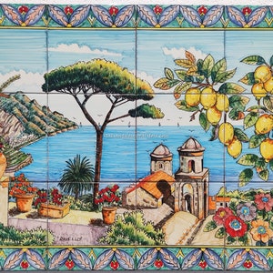 Ceramic Art - Ravello Sea on the Garden - Lemon Decoration - Hand Painted Tile - Gorgeous Geometric Frame - Amalfi Coast Outdoor Wall Tiles