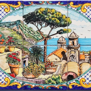 Beautiful Tile Murals - Decorative Ceramic Tiles - Ravello - Lemon and Flowers Decoration - Baroque style contour - Hand Painted Tiles