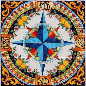 Wind Rose - Ceramic tile - Hand Painted -  Wall Art Tiles -  Compass Rose -Lemon and Flowers Decor - Compass Wall Art - Nautical Decoration