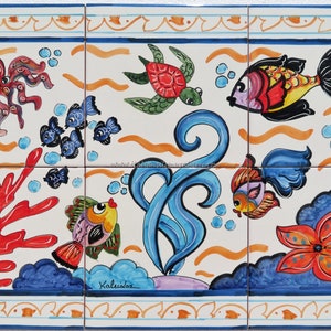 Wall Panel Depicting the Seabed of the Amalfi Coast - Hand Painting Tiles - Italian Art