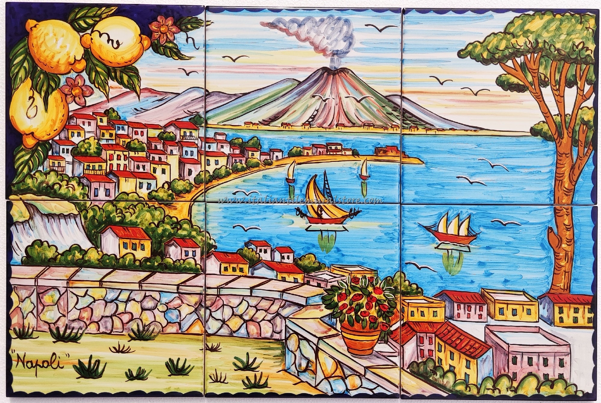 タイル　絵画　ヴィレロイボッホ　アンリオ　カンペール Hand-painted Ceramic Tile Wall Panel – Vesuvius, Gulf of Naples