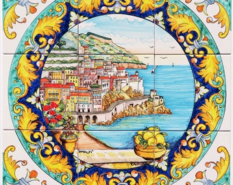 Hand-Painted Ceramic Tile Panel – Amalfi Coast Baroque Design, Wall Art