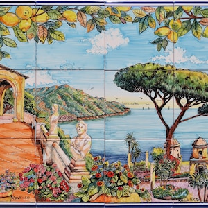 Tile Murals and Backsplashes - View of the Amalfi Coast from the Ravello Plateau - Hand Painted Tiles -Wall Mural Art - Made in Italy
