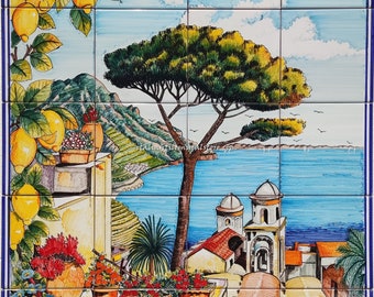 Wunderschöne Landschaft - Einzigartiges Design der Fliesen - Ravello Sea mit Amalfitan Zitronen und Blumen - Italienische Handgemachte Keramik - Mosaikfliesen