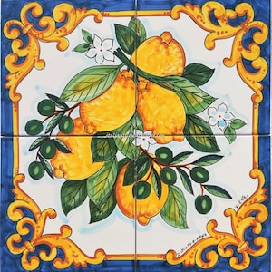 Decorative Tiles - Colorful Backsplash with Lemons and Olives - Flower Decor - Blue and Baroque - Handpainted Visual Art