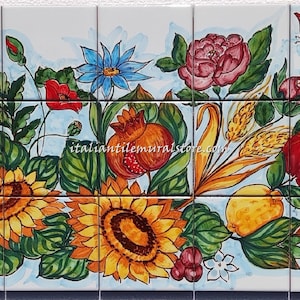 Gourgeous Kitchen Backsplash - SunFlowers Daisies Roses and Autumn Fruit - Elegant Lemon Decoration - Hand Painted Tiles - Italian Wall Art