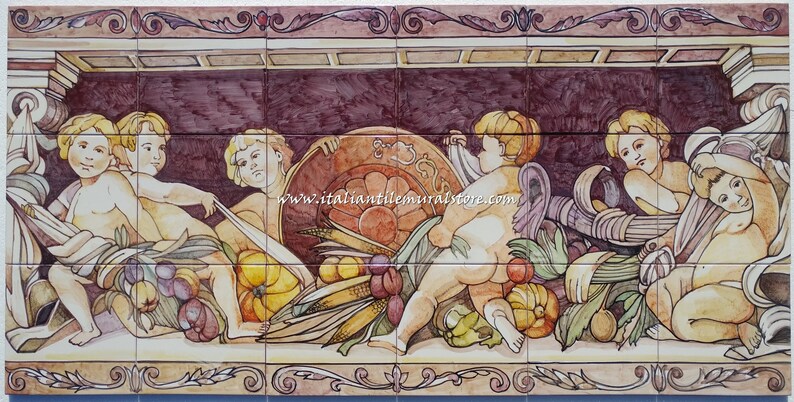 Tile Murals Hand painted artistic wall panel on ceramic tiles vintage. Made in Italy image 1