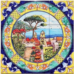 Decorative Wall Tile Art - Square Wall Decoration - Sea and Flowers of Ravello - Circles wall art  - Amalfi Coast Art - Outdoor murals Panel