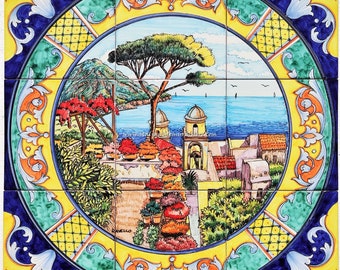 Hand-Painted Amalfi Coast Tile Mural - Ravello Sea View, 9 Square Tiles