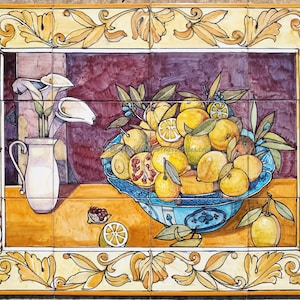 Beautiful Ceramic Tile Wall Art Handmade, Ceramic  Backsplash, Lemon decorative tile mural art. Fine Art Ceramic Tile Backsplashes