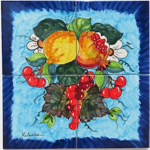 Hand painted tile italy Blue Ceramic Panel with Fruit and Flowers - Hand-Painting Tiles - Tiles Made in Italy
