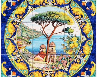 Hand-Painted Amalfi Coast Tile Mural – Ravello Sea View, Italian Art