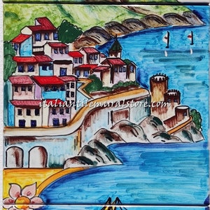 Decorative tile garden Amalfi. Mosaic hand painted. Beautifull landscape tile. Tile customized. Tiles art backsplash. Decorative tiles