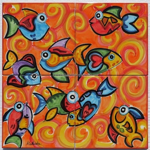 Hand painted Tile Mural for Garden. Decorative tile handmade . Ceramic wall mural art. Ceramic tiles