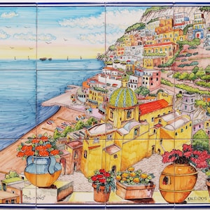 Tile Murals and Backsplashes - Positano coast - Beautiful landscape - Hand Painted Tiles -Wall Mural Art - Made in Italy