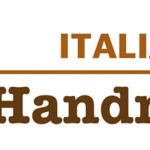 May include: A logo with the words "ITALIAN" and "Handmade" in brown text. The word "ITALIAN" is above a horizontal brown line. The word "Handmade" is below the line. The logo is decorated with red and green paint splatters.