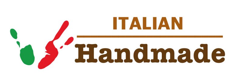 May include: A logo with the words "ITALIAN" and "Handmade" in brown text. The word "ITALIAN" is above a horizontal brown line. The word "Handmade" is below the line. The logo is decorated with red and green paint splatters.