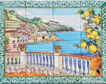 Hand Painted Amalfi Coast Tile Mural – Lemon Decor, Green Baroque Border
