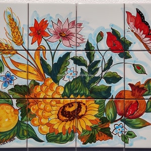 Decorative Tiles - SunFlowers Tiles - Flower Basket and Fall Fruits -Butterflies Decor Hand Painted Tile - Kitchen Backsplash - Italian Art